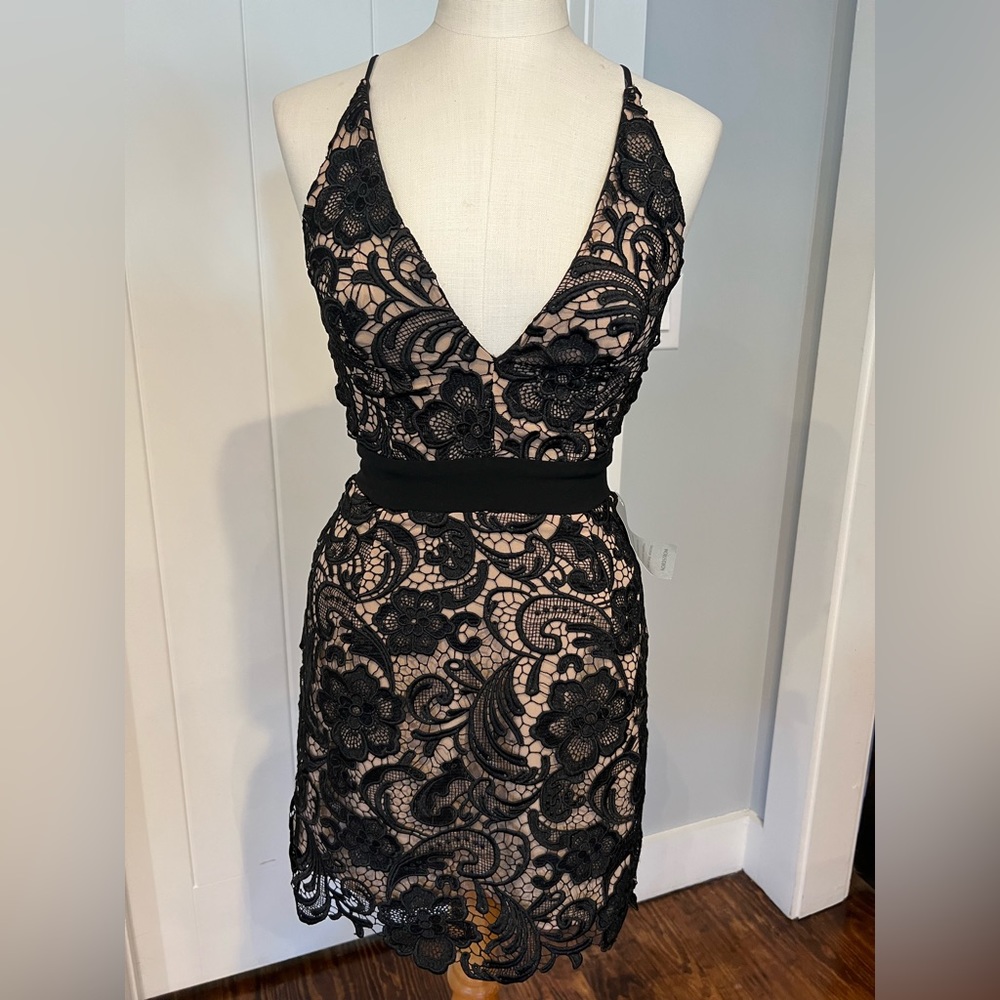 Dress the population black and tan lace cocktail dress